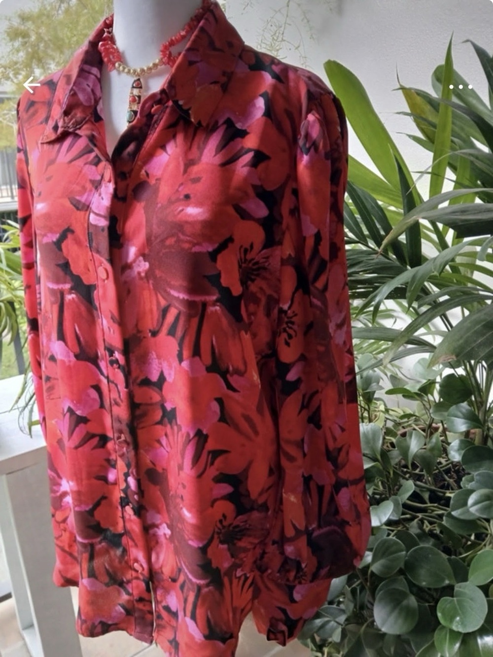BTFBM Women’s Red/Pink/Black Floral Collared Button-Down Blouse Long Sleeve XL